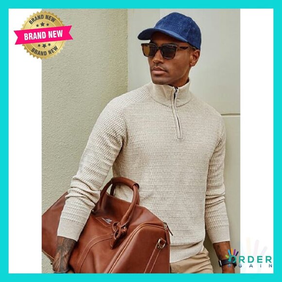 Quarter Zip Pullover Slim Fit Knit Textured Mock Neck Casual Elegant Classic - Picture 4 of 8